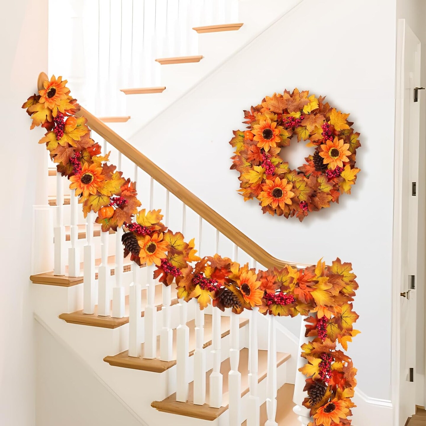 6.2FT Fall Maple Leaf Garland Autumn Garland Sunflower Pumpkin Berry Pinecone Cone Garland Decoration for Wedding Party Thanksgiving Table Fireplace Door Frame Doorway Backdrop Harvest Decor