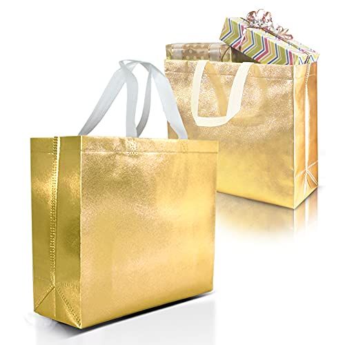 15 Pieces Gold Gift Bags Large Size – Reusable Gold Gift Bags With White Handles - Perfect As Christmas Gift Bags, Goodie Bags, Birthday Gift Bags, Party Favor Bags –13Wx5Dx11H