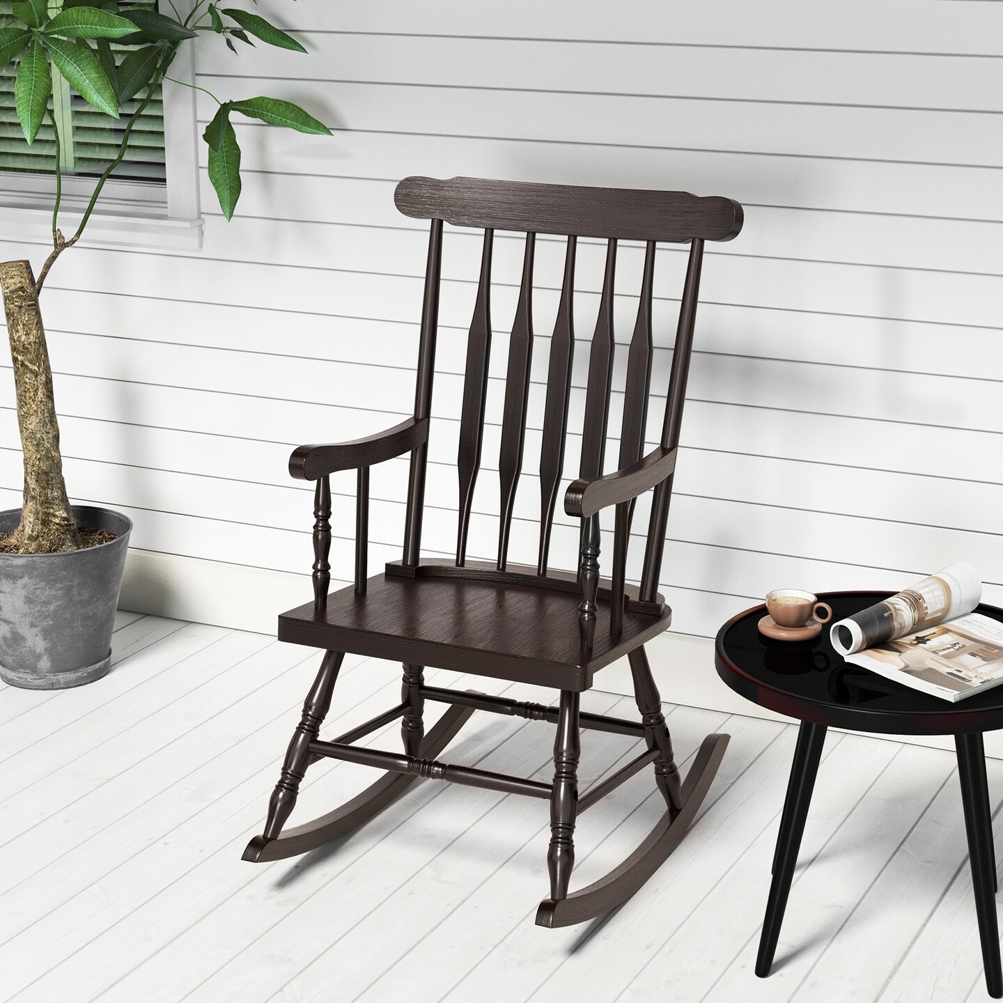 Costway Set of 2 Wood Rocking Chair Glossy Finish White\ Coffe