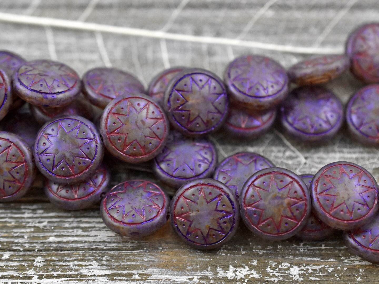 *6* 13mm Red Washed Matte Purple Over White Opal Ishtar Coin Beads