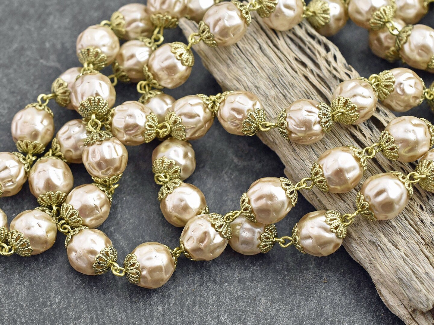 10mm Czech Glass Lt Coffee Baroque Pearl Chain w/Gold Caps -- Sold by the foot