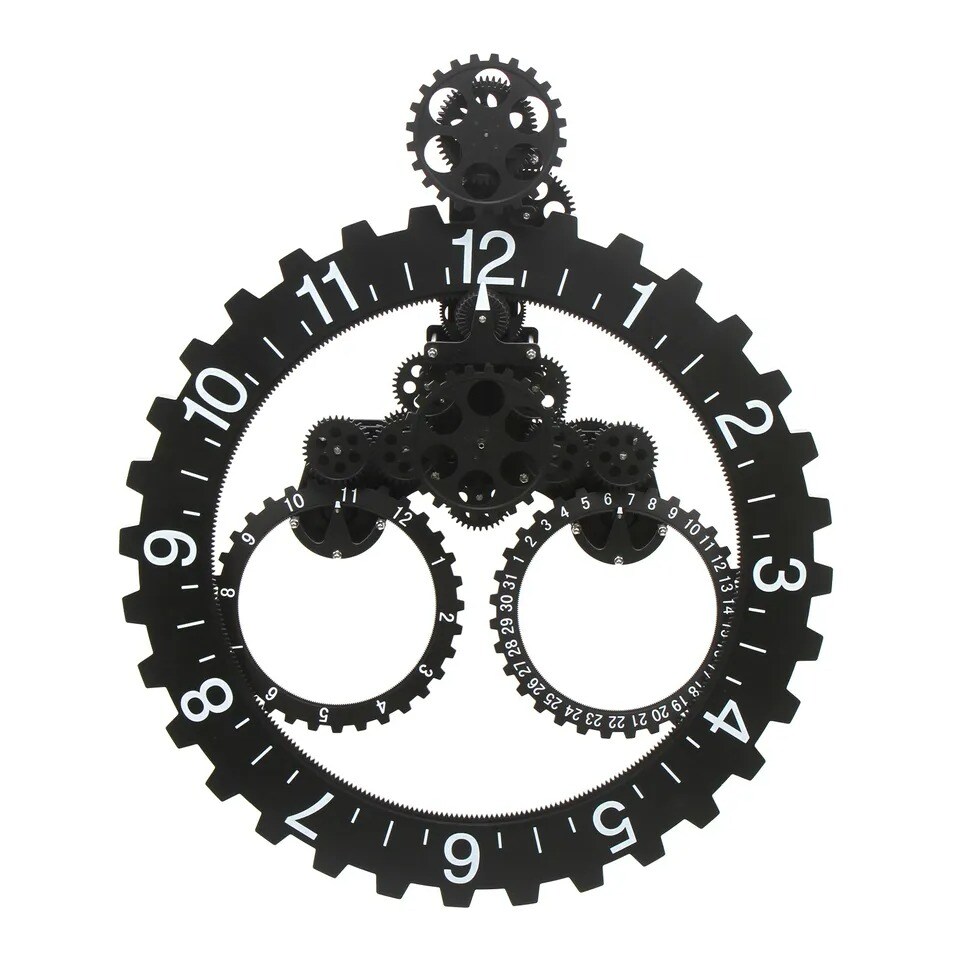 Wall Clock 27&#x22; Industrial Black Metal Gear Mechanical Moving Gear Wall Clock