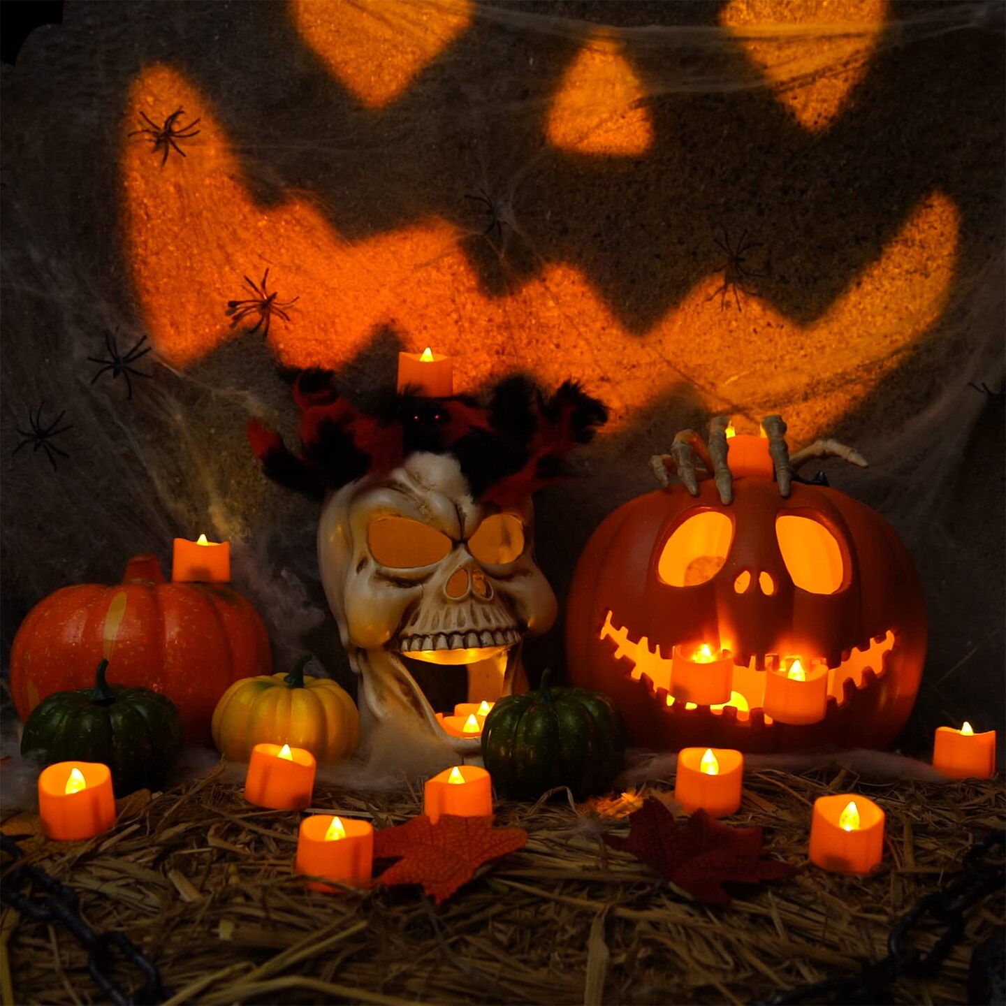 12 Pieces HalloweenOrange Tea Light Candles, Battery Operated LED Tealights, Small Pumpkins Lights, Flameless, Electric Fake Tea Candles, 1.4&#x22;x1.25&#x22;