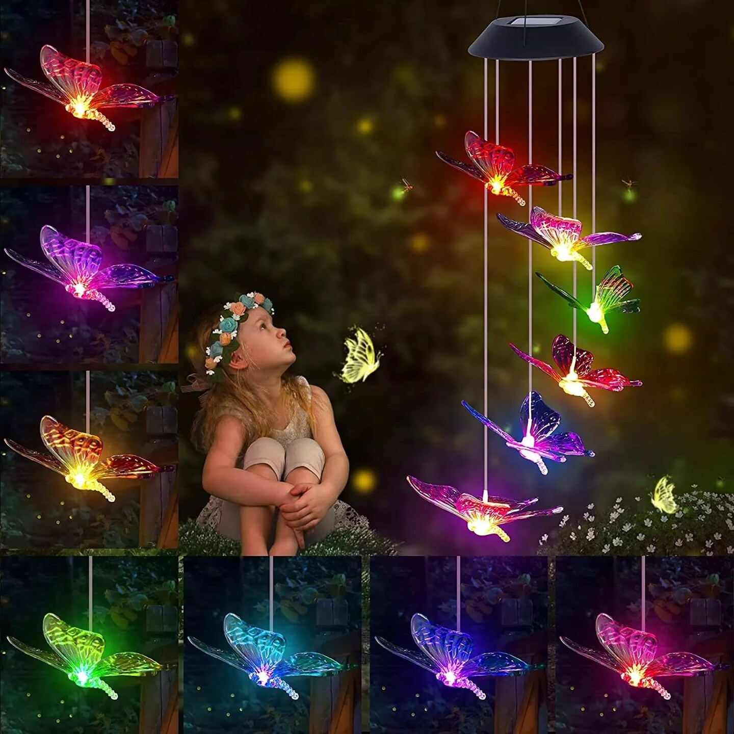 Solar Color Changing LED Butterfly Hanging Wind Chimes Home Garden Decor Light