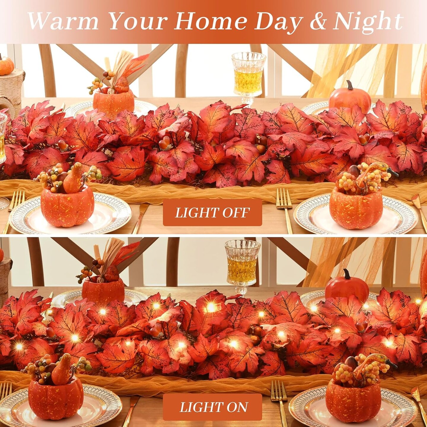 5.9 FT Fall Leaves Garland with Lights Leaves Acorns, Upgrade Autumn Garland for Front Door Home Porch Fireplace Indoor/Outdoor Thanksgiving Decor