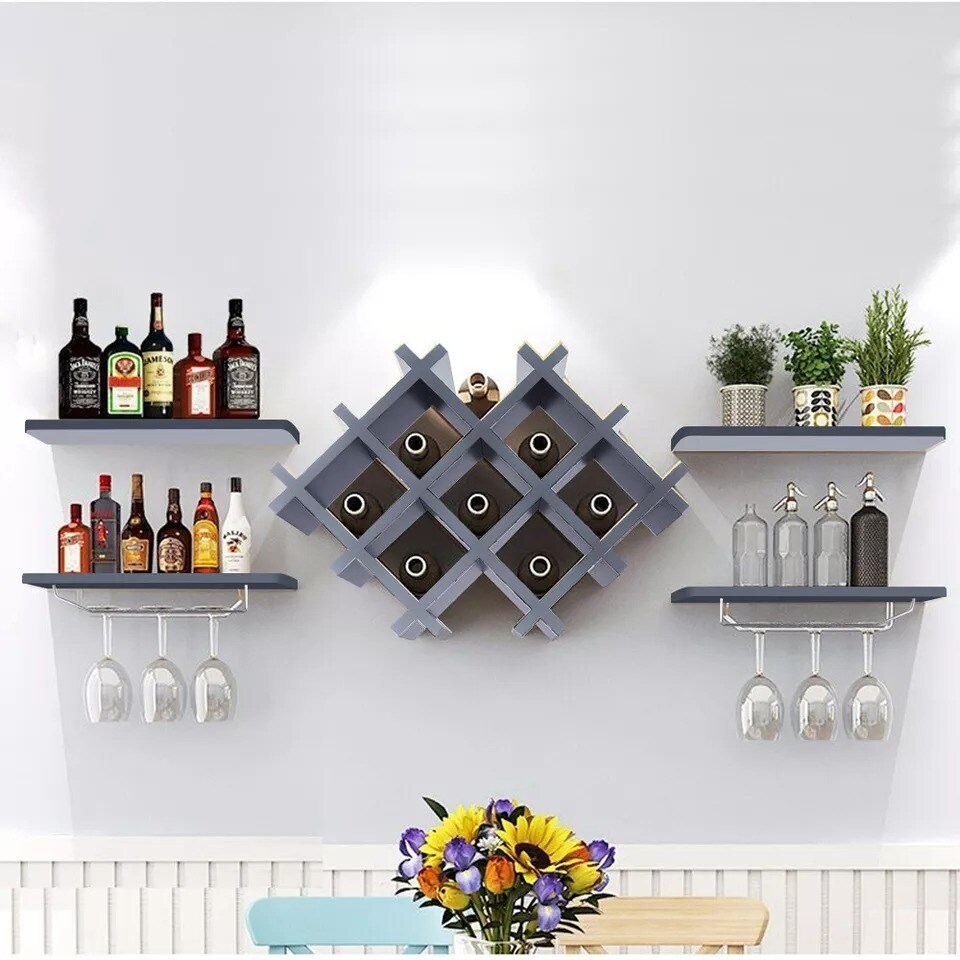 Wall-Mounted Wine Rack Bottle Glass Holder Bar Accessory Storage Shelf Rack
