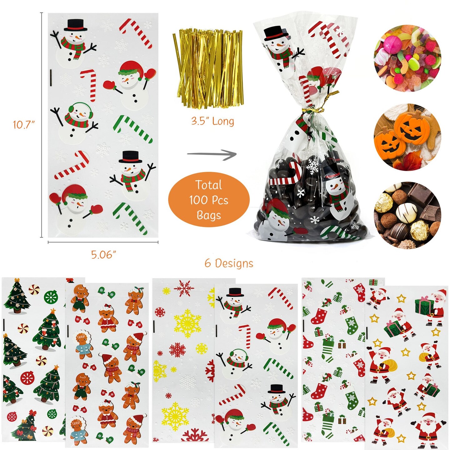 Wrapables Christmas Cellophane Treat Bags With Twist Ties for Candy, Cookies, Treats, Gifts and Party Favors (100pcs), Happy Holidays