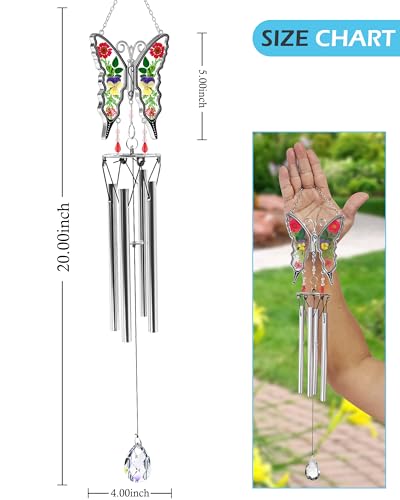Wind Chimes Butterfly Wind Chimes for Outside Real Flower Outdoor Windchimes Gifts for mom Grandma Birthday Nana Gifts Garden Balcony Home D&#xE9;cor Wind Chimes with S Hook Memorial Wind Chimes