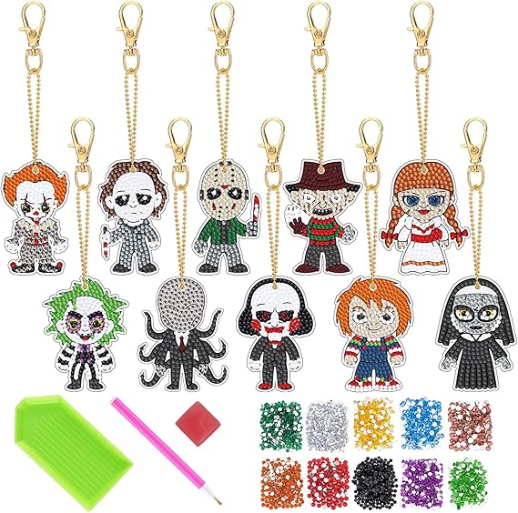 Halloween Diamond Art Keychains Horror Movie DIY Diamond Keychain Scary Stuff Halloween Gifts for Wome