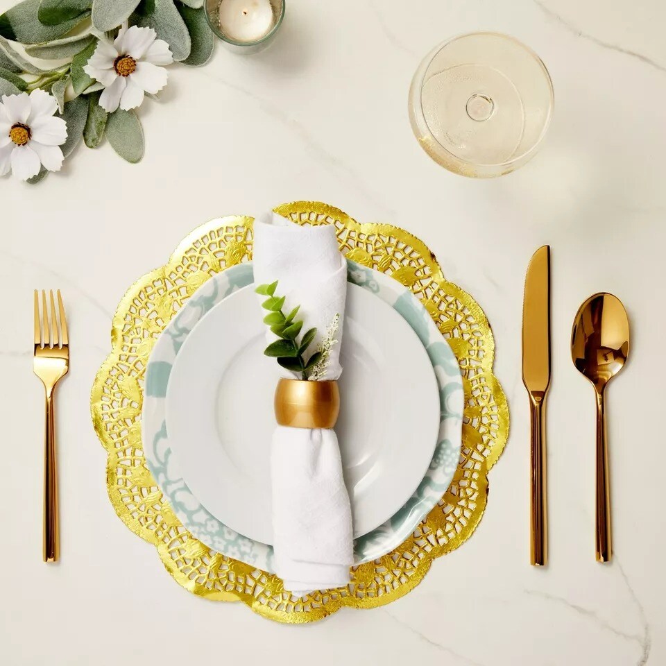 100 Pack 12 Inch Gold Doilies, Round Paper Placemats for Weddings, Desserts
