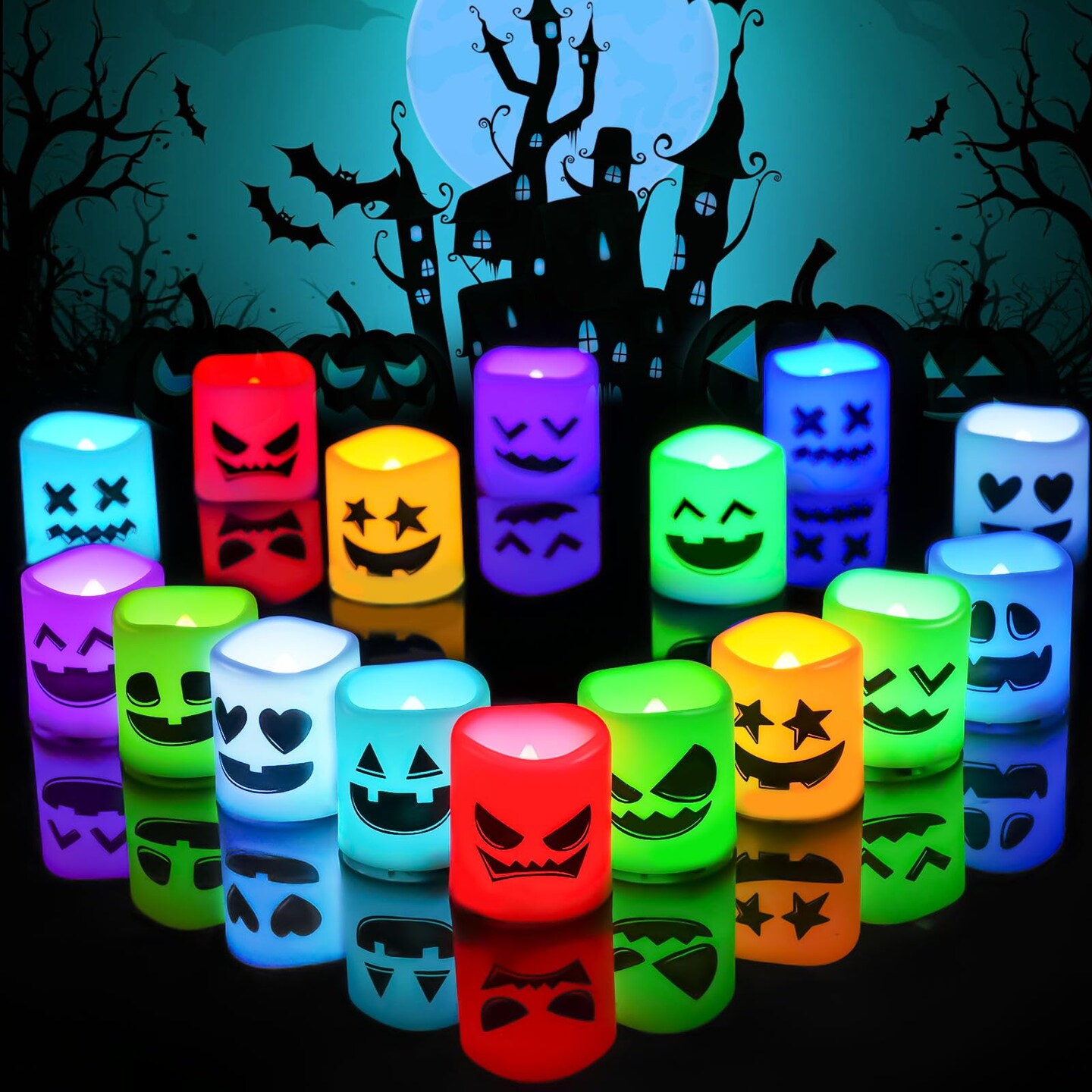 24 Pieces Color Changing Halloween Flameless Candles, 200+ Hours LED Votive Candles, Battery Operated Tea Lights for Pumpkin, Party, Christmas Decor (Batteries Included)