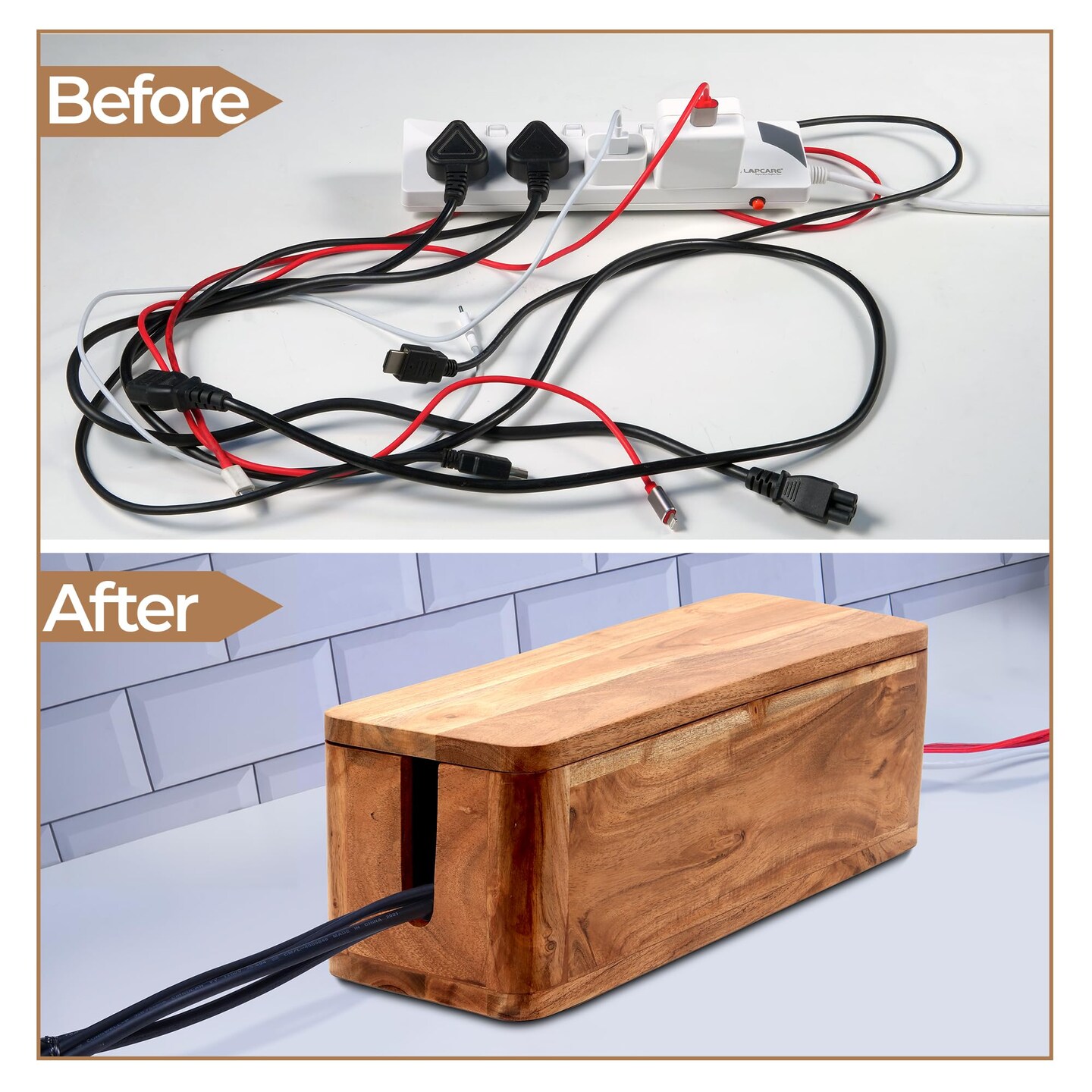 Acacia Wood Cable Organizer Box - Power Strip Box for Cord