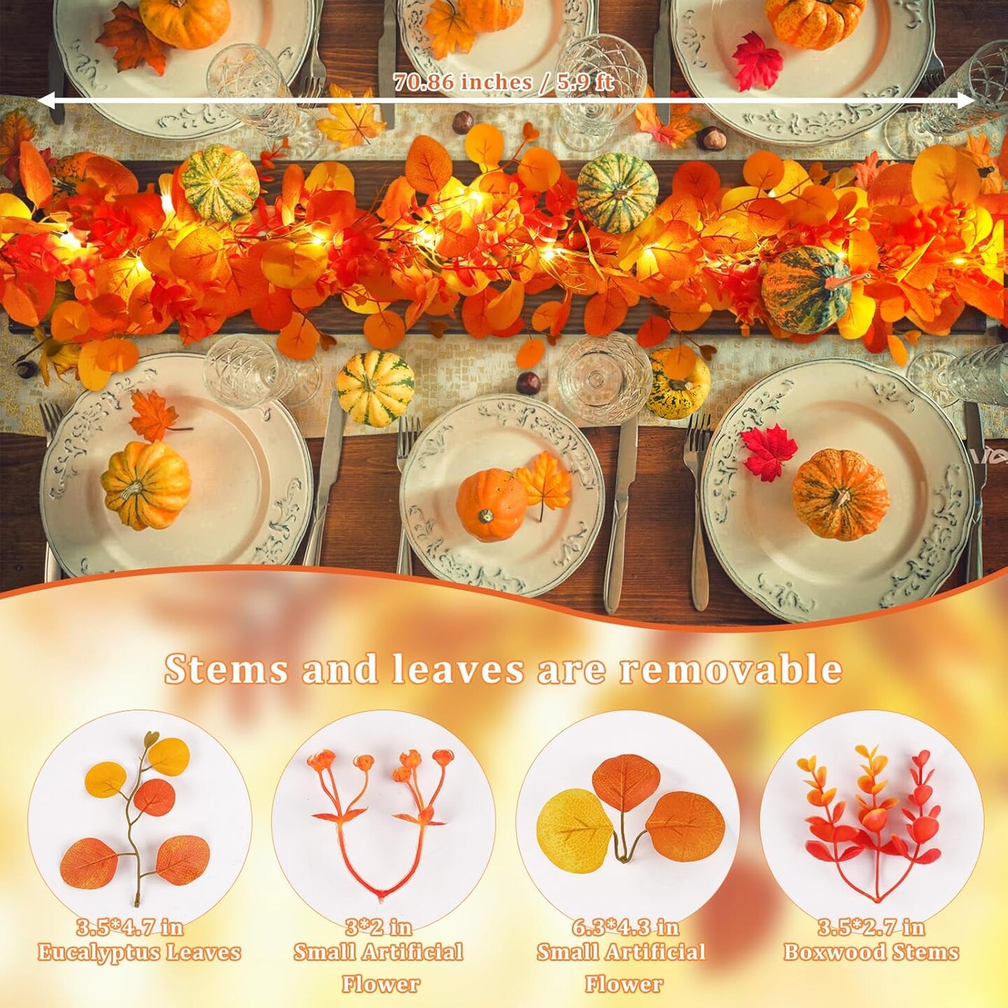 6FT Artificial Orange Eucalyptus Garland, Battery Operated Twig Vine Fall Decorations for Home Thanksgiving Table Fireplace Mantle Party Outdoor