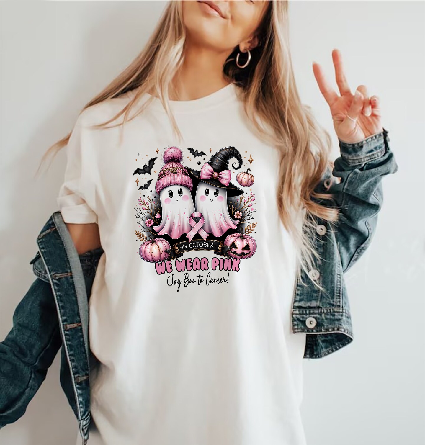 In October We Wear Pink Shirt, Halloween Shirt, ghost Pink Ribbon - Main Image