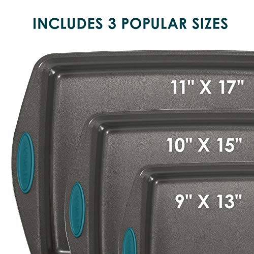 3 Piece, Bakeware Nonstick Cookie Pan Set,  Gray with Marine Blue Grips