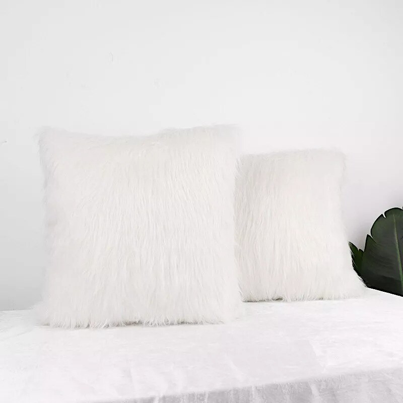 2 White 18&#x22; Throw Pillow Covers Square Faux Fur CUSHION CASES Home Decorations