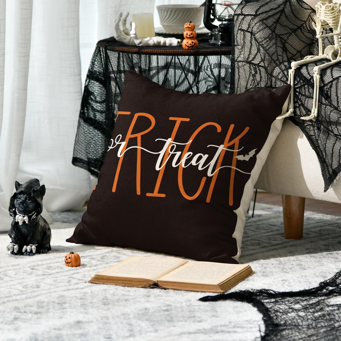 Halloween Spider Web Pillow Covers Set Of 2 - 18x18 Inch, Linen Blend, Hidden Zipper - View #9