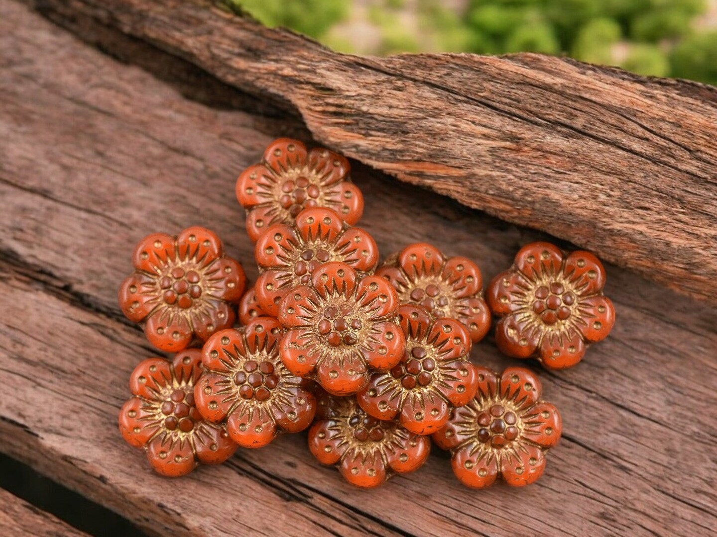 *12* 14mm Dark Bronze Washed Orange Opaline Wildflower Beads