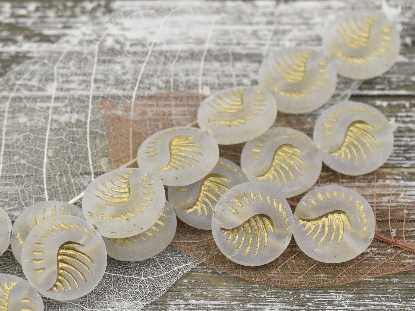 *6* 19mm Gold Washed Matted Crystal Fossil Coin Beads