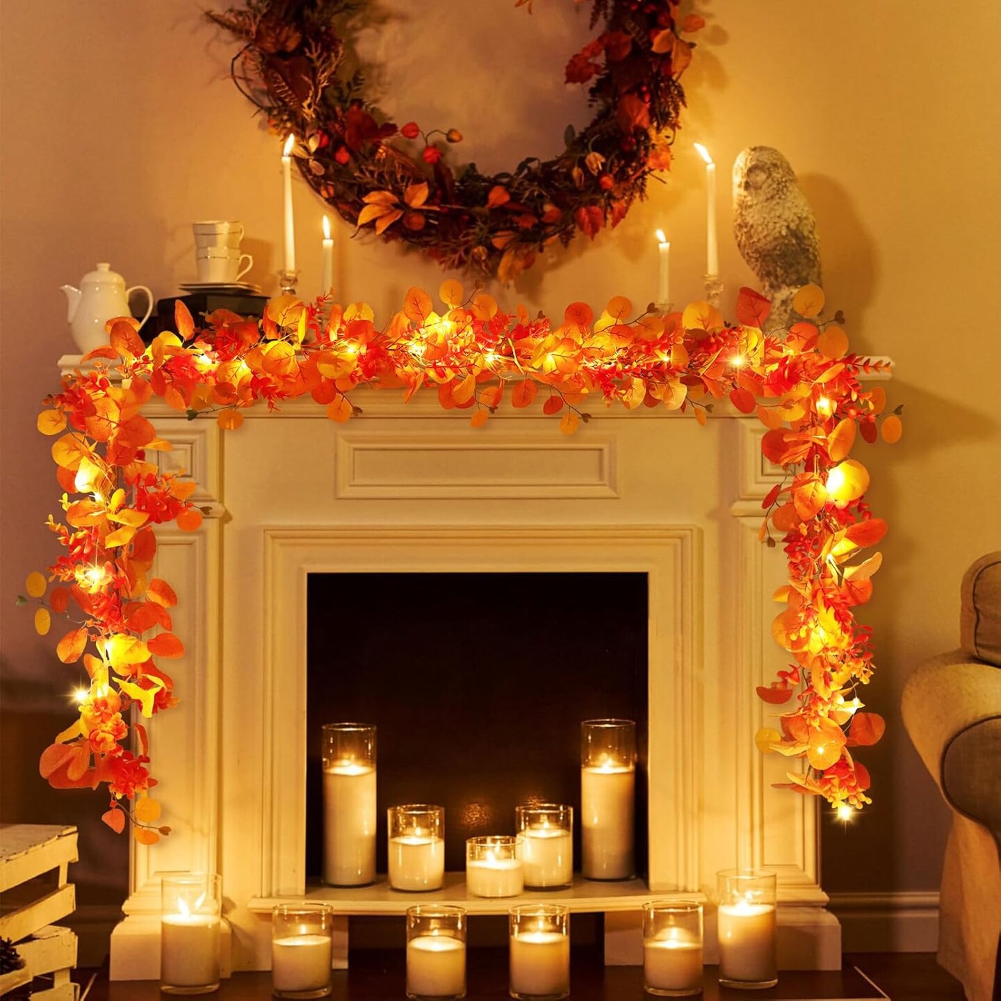 6FT Artificial Orange Eucalyptus Garland, Battery Operated Twig Vine Fall Decorations for Home Thanksgiving Table Fireplace Mantle Party Outdoor
