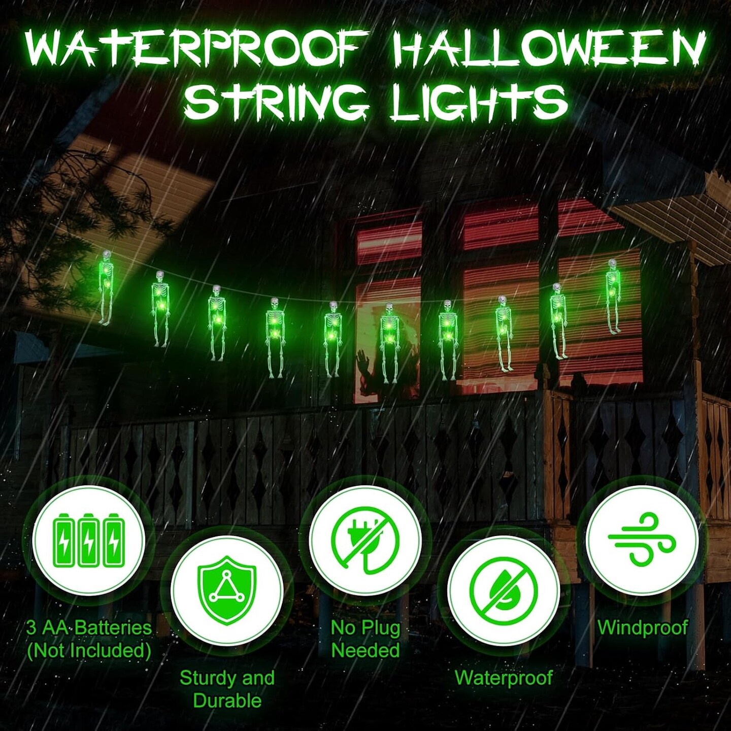 Halloween String Lights Decoration, 6.6 FT 20 Leds Battery Operated Skeleton Skull 3D String Light with 8 Lighting Modes for Home Indoor Outdoor Halloween Decoration, Halloween Decor