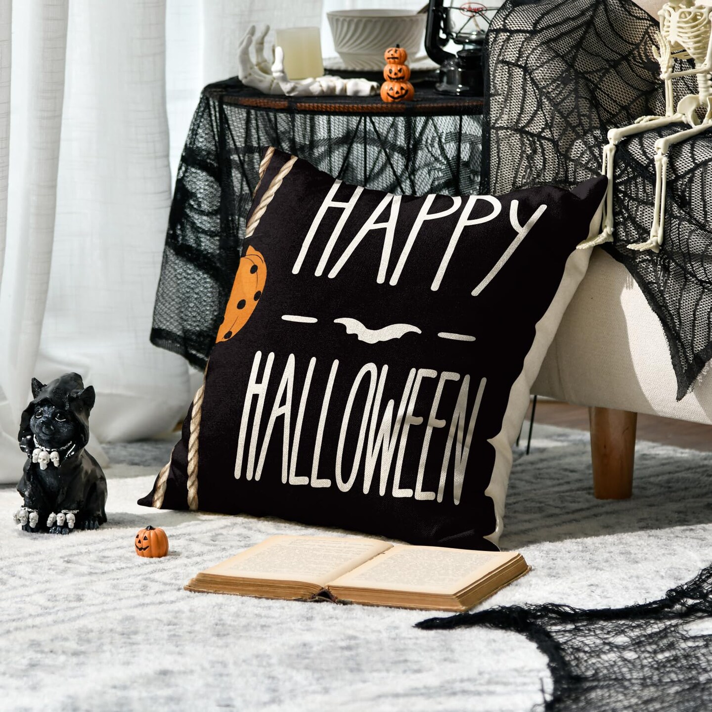 4 Pieces  Happy Halloween Boo Black Cat Trick or Treat Throw Pillow Covers, 18 x 18 Inch Spooky Pumpkin Bat Cushion Case for Sofa Couch