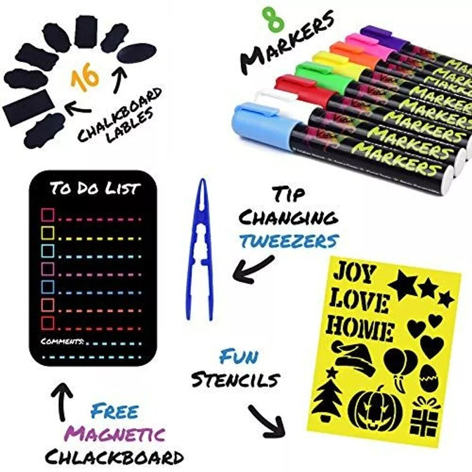 8 Multicolored Liquid Chalk Markers with Magnetic Blackboard, Stencils &#x26; Labels