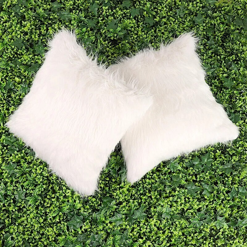 2 White 18&#x22; Throw Pillow Covers Square Faux Fur CUSHION CASES Home Decorations