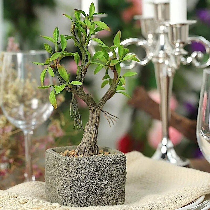 9-Inch tall Brown Concrete Planter Pot Green Artificial Mini Willow Tree