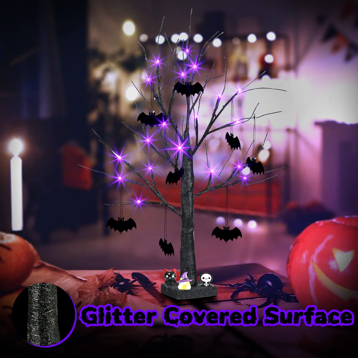 2FT Black Halloween Tree with 24 Purple Lights and 8 Bat Ornaments, Light up Halloween Decorations with Timer for Indoor Home Desk Table Decor Battery Powered