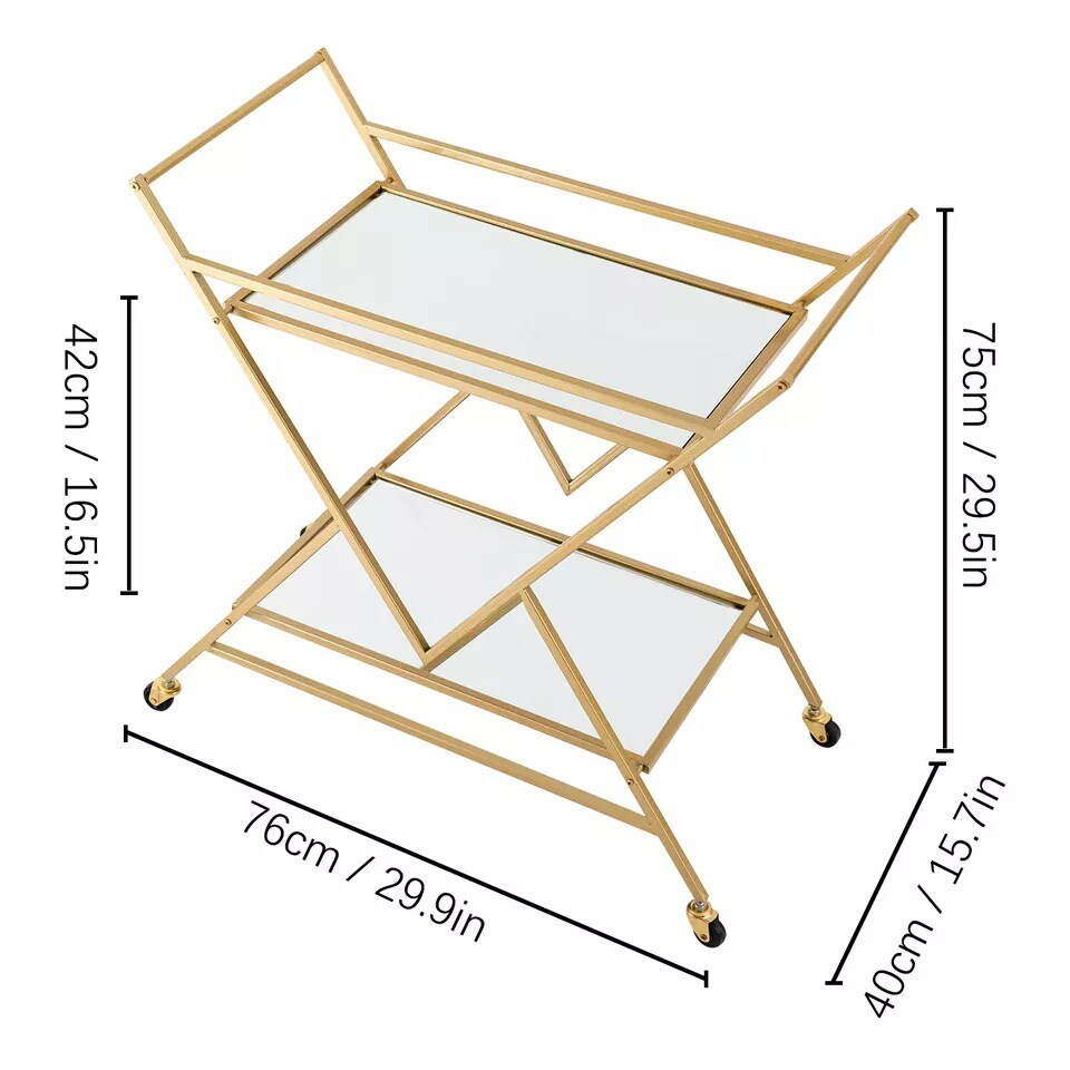Gold Metal Bar Cart Serving Cart with Wheels 2-Tier Storage Trolley Home Kitchen