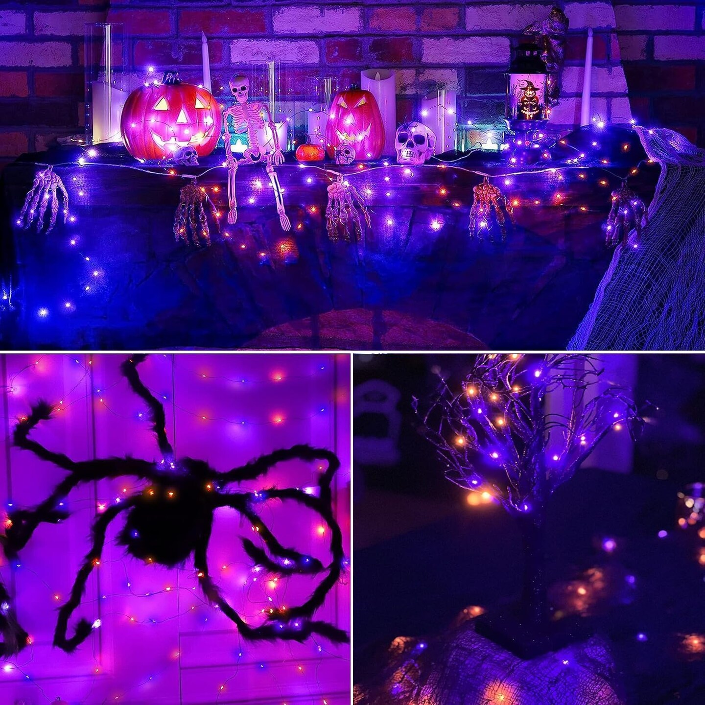 2 Pieces Orange Purple Halloween Solar String Lights Total 100ft 300LED 8 Modes Solar Fairy Lights, Waterproof Lights Black Wire for Halloween Decorations