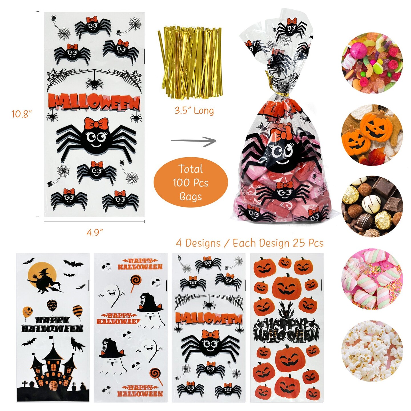 Wrapables Halloween Cellophane Treat Bags With Twist Ties for Candy, Treats, Trick or Treat and Party Favors, Halloween Treat Bags, Halloween Gift Bags, Halloween Goody Bags (100pcs), Creepy Critters