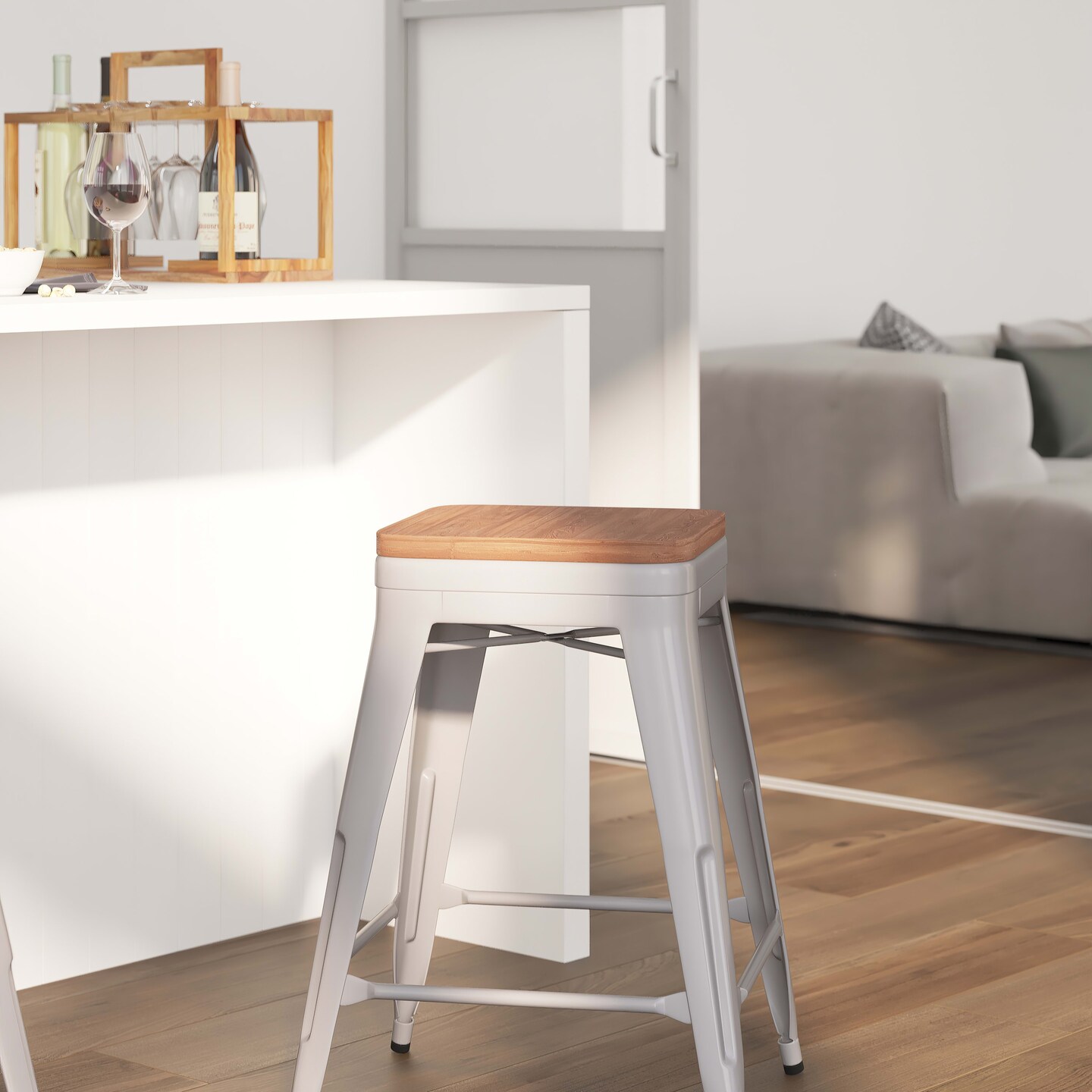 Merrick Lane Dalton Series Backless Metal Dining Stool with Wooden Seat for Indoor Use