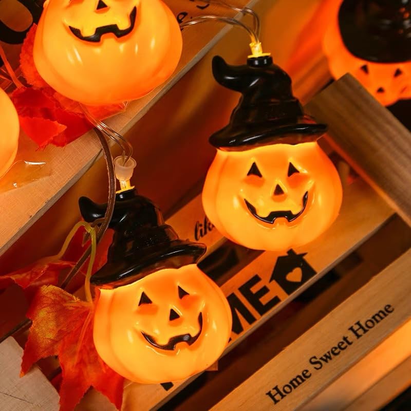 Halloween Pumpkin String Lights with Witch Hat, 20 LED 16.4FT 8 Modes Timer 3D Waterproof Orange Jack-O-Lantern Battery Operated Flickering Lights for Indoor Outdoor Decor Party Decorations