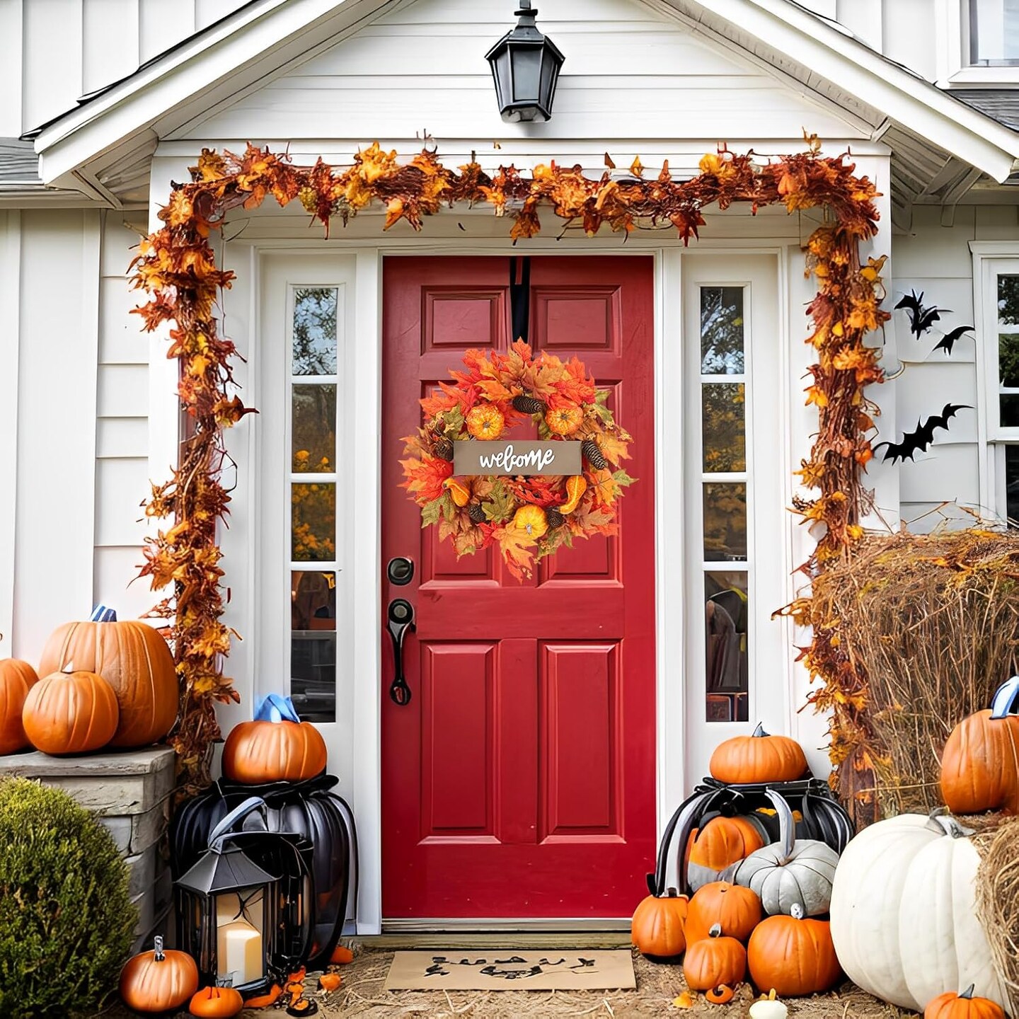 Fall Decor Autumn Maple Leaves Pumpkin Pine Cone Berries Wreath, Fall Decorations for Harvest Thanksgiving Halloween Farmhouse Home Outside Window Wall