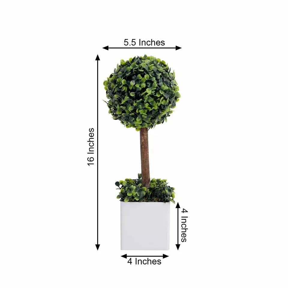 Green 16&#x22; ARTIFICIAL Mini Boxwood Ball Topiary Tree White PLANTER POT Party Home
