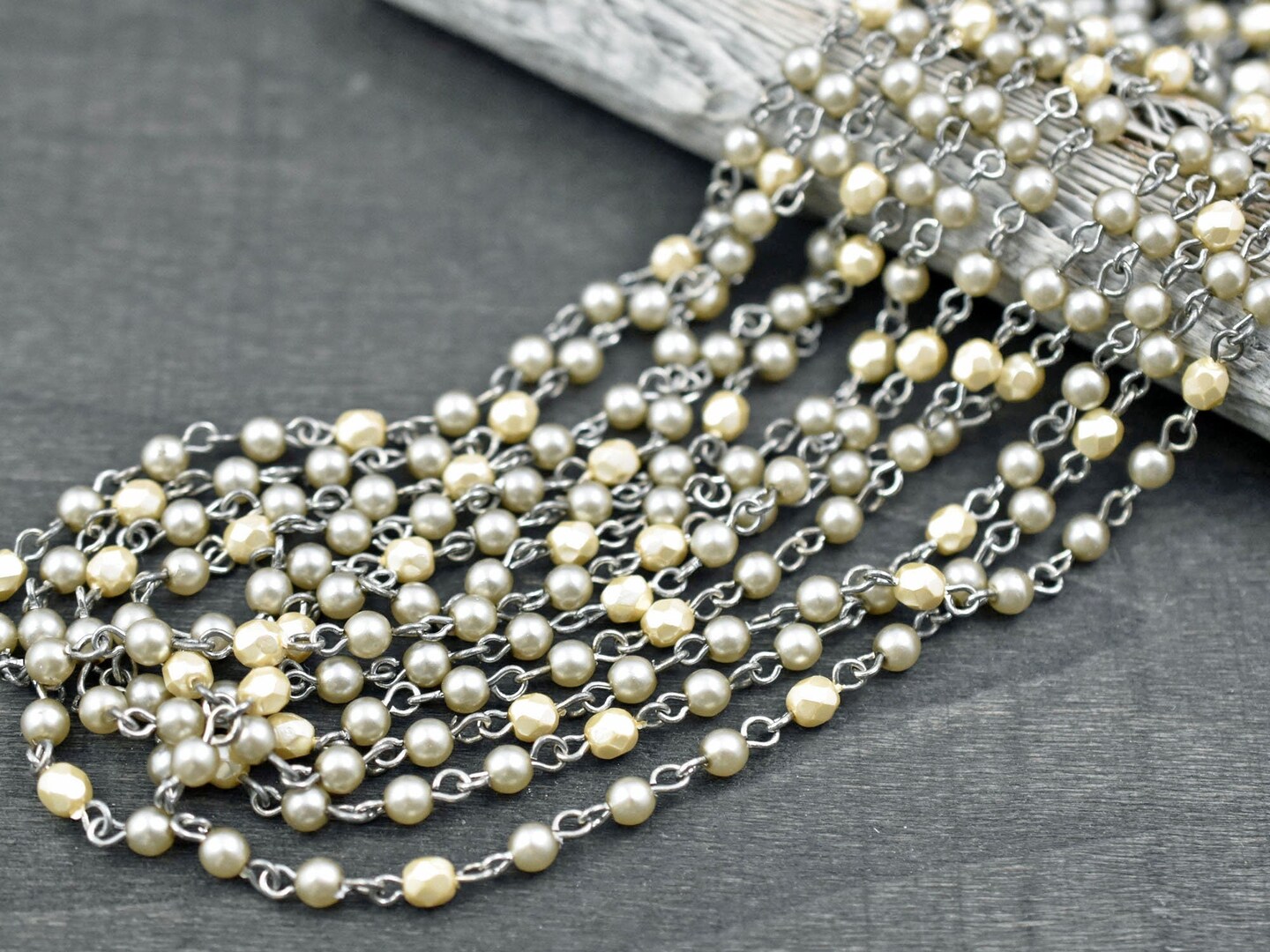 4mm Satin Taupe Pearl & Cream Fire Polished Round Beads w/Silver Beaded Chain
