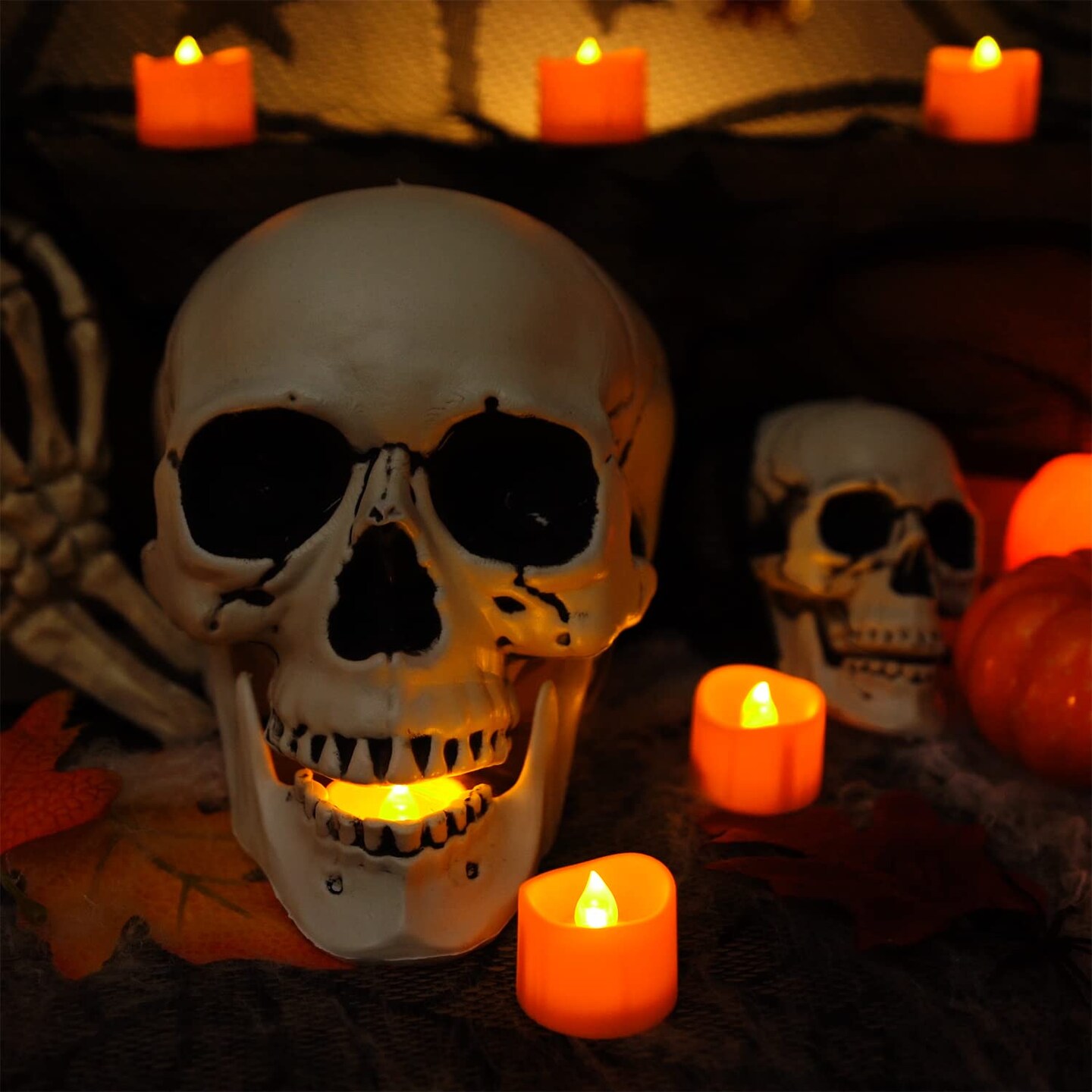 12 Pieces HalloweenOrange Tea Light Candles, Battery Operated LED Tealights, Small Pumpkins Lights, Flameless, Electric Fake Tea Candles, 1.4&#x22;x1.25&#x22;