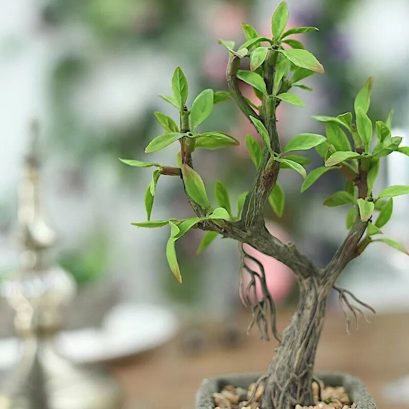 9-Inch tall Brown Concrete Planter Pot Green Artificial Mini Willow Tree