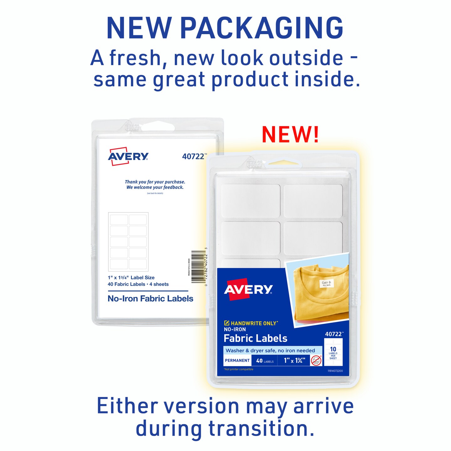 Avery No-Iron Fabric Labels, 1&#x22; x 1-3/4&#x22;, Washer and Dryer-Safe Waterproof Labels, Non-Printable, 40 Blank Labels Total (40722)