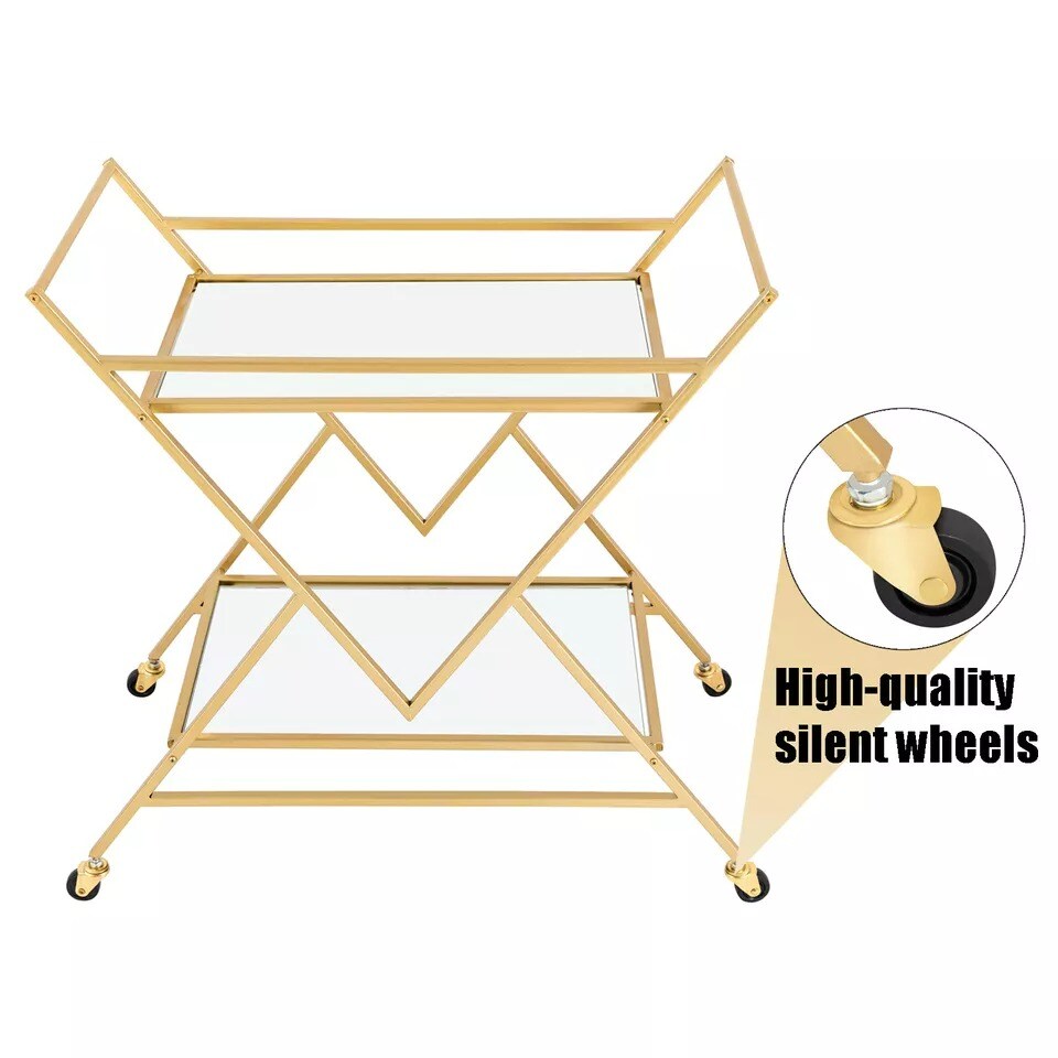 Gold Metal Bar Cart Serving Cart with Wheels 2-Tier Storage Trolley Home Kitchen