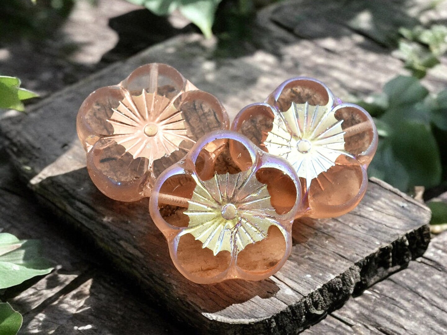 *2* 22mm Copper AB Washed Translucent Rosaline Table Cut Hawaiian Flower Beads