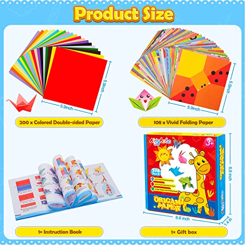 308 Pieces Origami Paper Set, 308PCS Kids Craft Paper Kit with Instructional Book for Girls Age 6,7,8,9,10,11,12, Art Projects Supplies for School Class Craft Lessons- Christmas Gifts for Boys&Girls