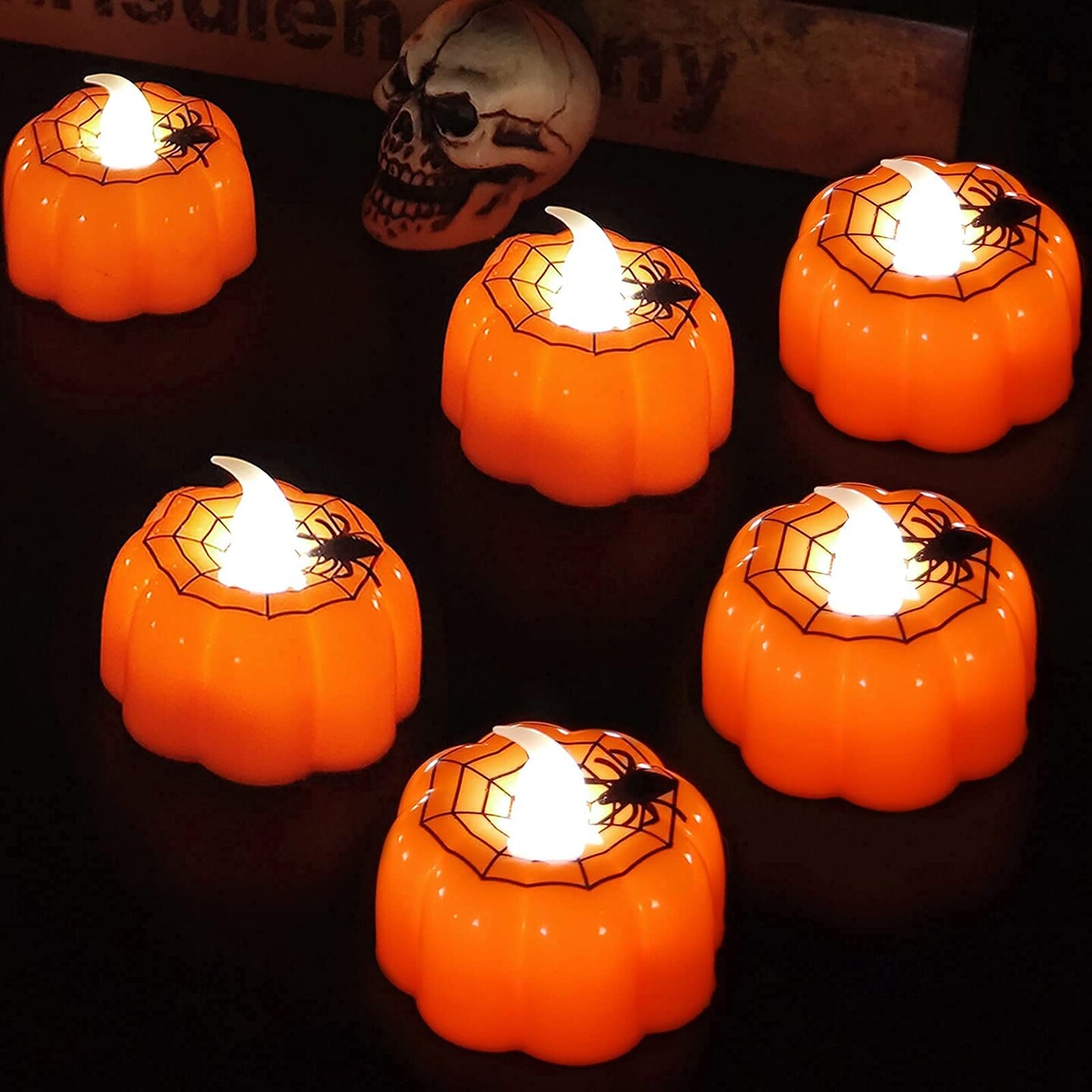 12 Pieces Halloween Pumpkin Tealights Candles with Spider Web Decor, LED Pumpkin Lights, Flame Less Candle Battery Operated Halloween Table Decorations Home Fireplace Party Thanksgiving Fall