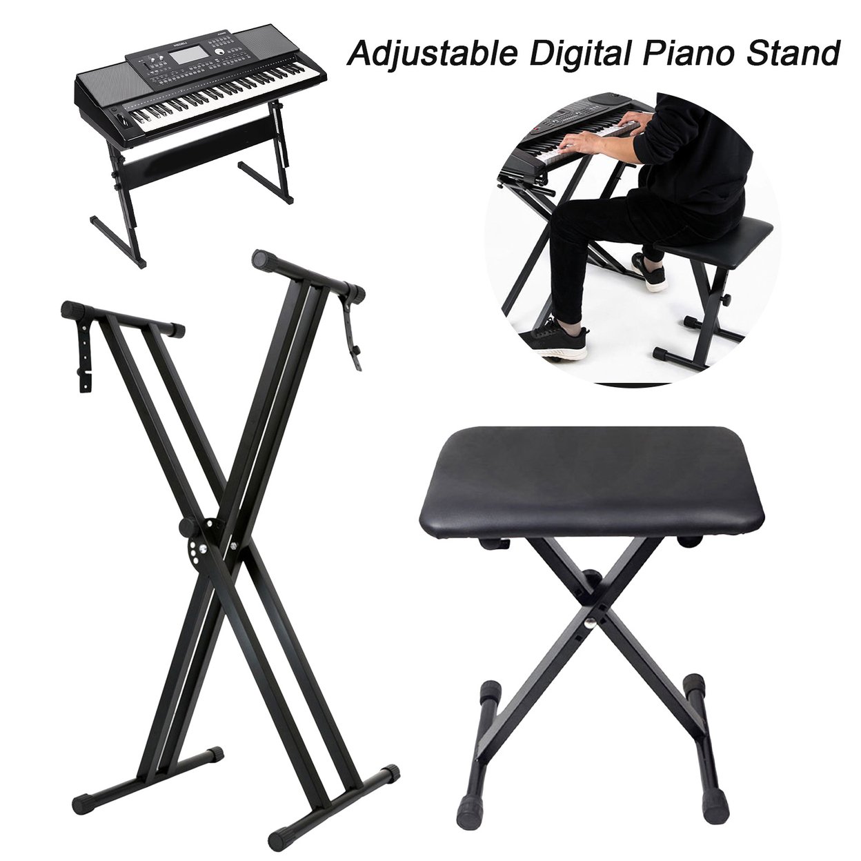 Keyboard Stand Piano Bench Set 7 Heights Adjustable Portable Heavy Duty Double X Digital Piano Stand Bench Kit