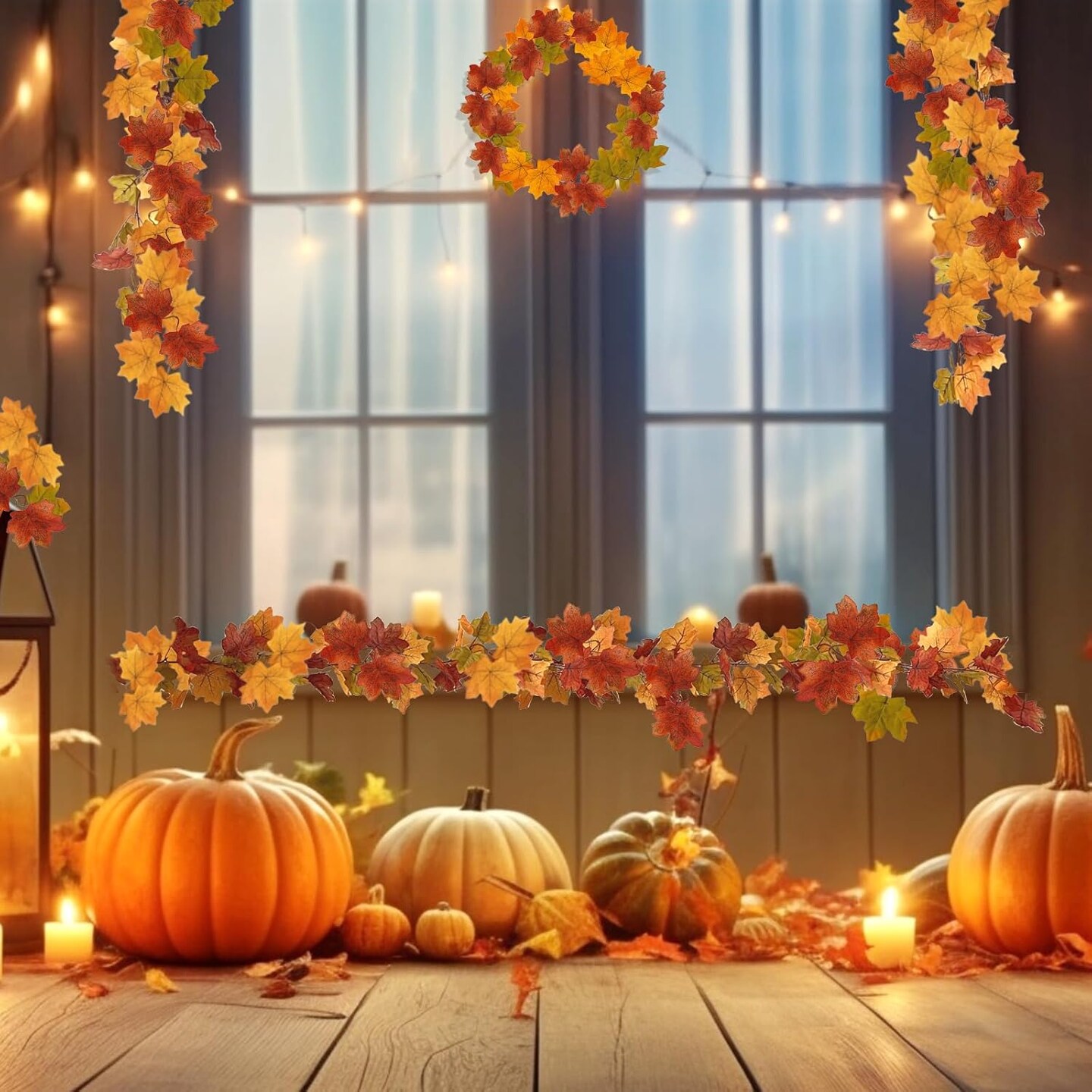 2 Pack Fall Garland Maple Leaf, 5.7Ft/Piece Hanging Thanksgiving Decor Artificial Autumn Garland for Wedding Home Fireplace Party Autumn Decoration