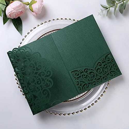 5.12 x 7.2 Emerald Green Invitation Cards, Trifold laser cut invitations Wedding Invitation Cards Pockets with Envelopes for Wedding Bridal Shower Engagement Birthday Sweet 16 (20PCS No Inner Sheet)