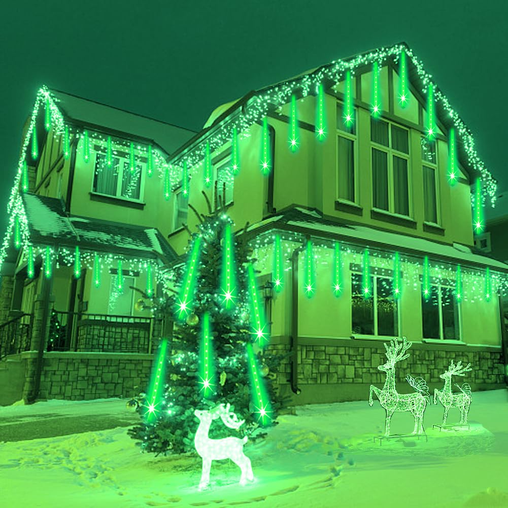 Halloween Lights Outdoor, Meteor Shower Lights Christmas Lights for Halloween Decorations, 8Tube 192LED Snow Falling Rain Icicle String Lights for Xmas Christmas Decor Tree Party,UL Plug Green