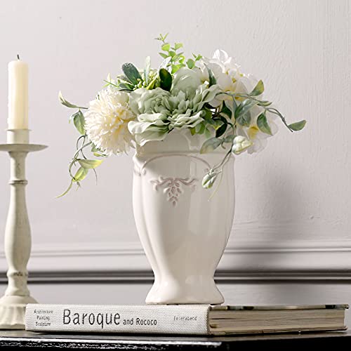 Ceramic Vases-Flower vase for centerpirces, Modern Farmhouse Home Decor Vase, Handmade White vase for Home Decoration/Entryway/Mantel/Bookshelf-Wavy Texture vase Mouth(Small)